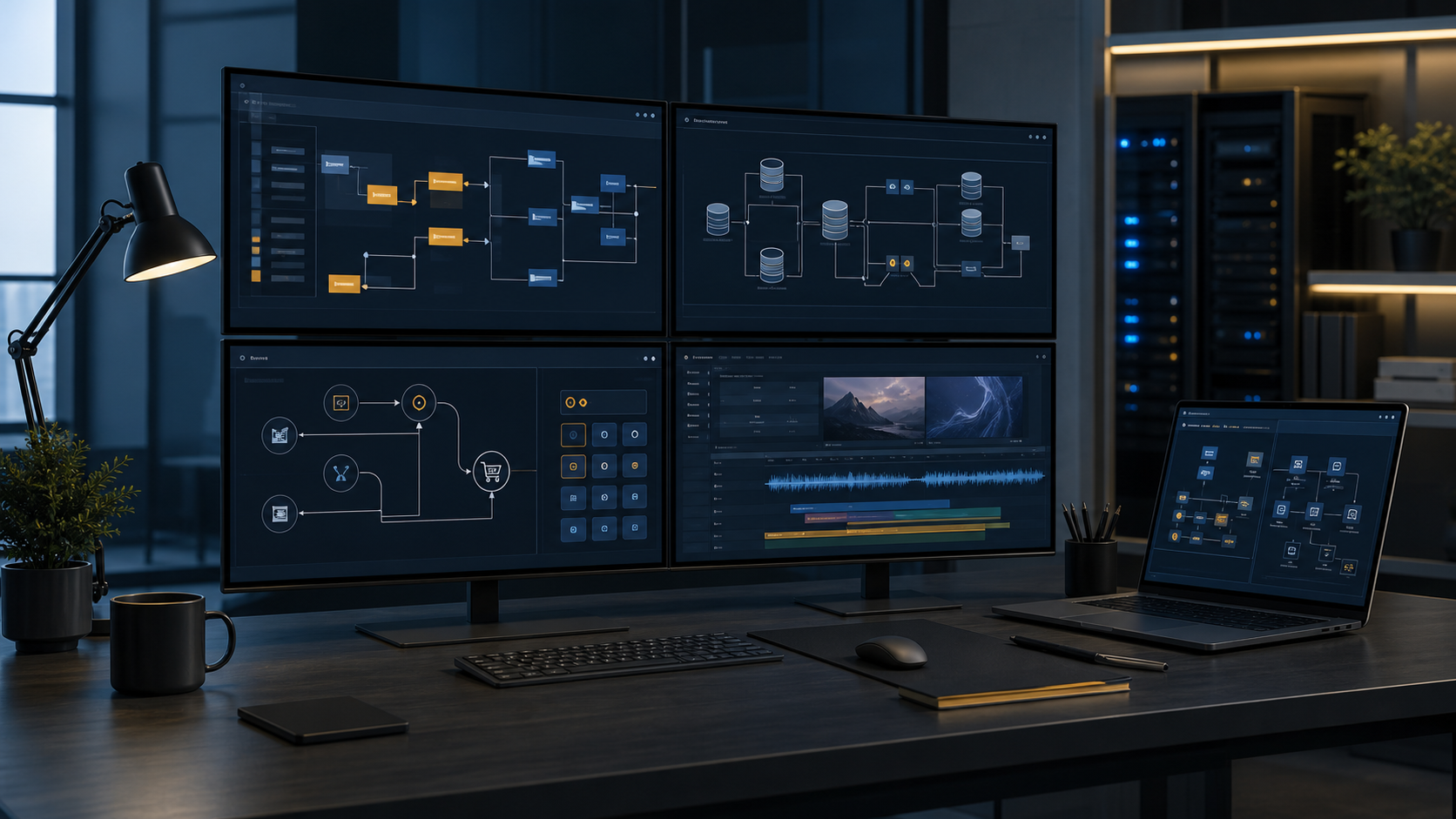 Abstract technical operations workspace with systems, commerce, and media infrastructure displays